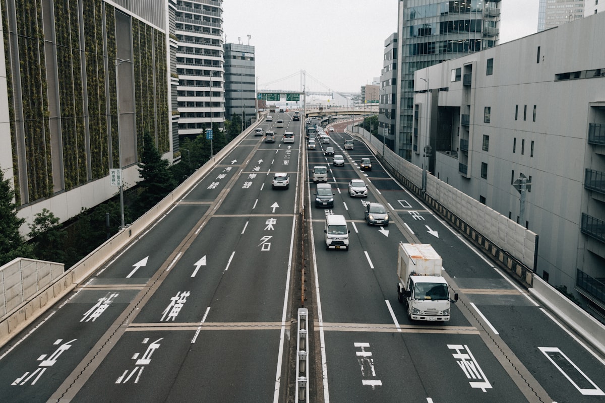 Cars driving on a multi-lane city highway