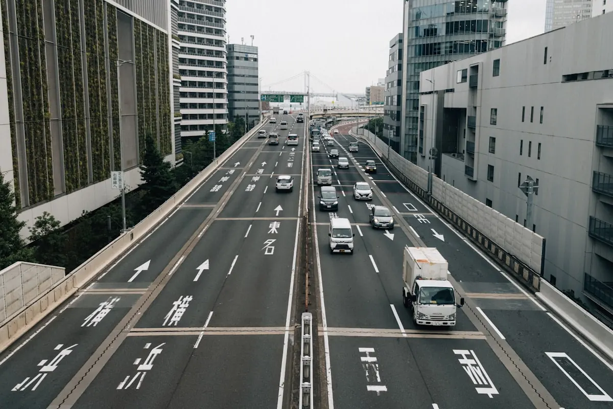 Cars driving on a multi-lane city highway